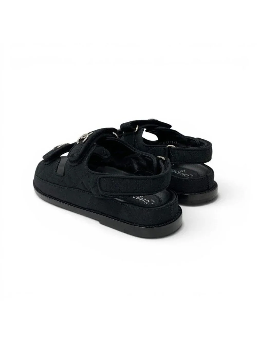 Chanel Sandals Shoes Fabric Black CC Logo Rhinestone Velcro Flat